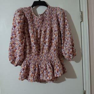 Pleione Floral Smocked Blouse - Pink and Orange